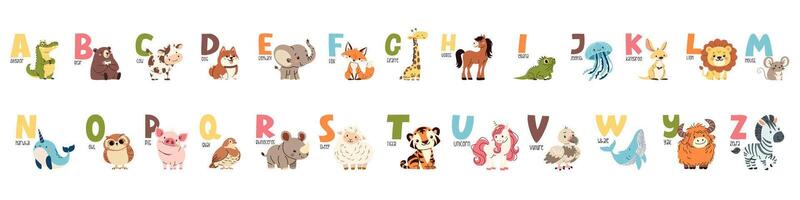 Set of flat illustrations and letters of the alphabet. Colorful alphabet and animals on the first letter. Children's style and white background vector