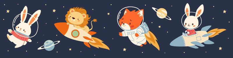 Set of flat illustrations in children's style on space theme. Cute rabbit, lion and fox in space on space rocket in spacesuit, stars and planets vector