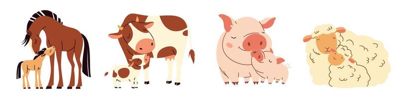 Set of flat illustrations. Cute pets with cubs. Horse with foal, pig with piglet, sheep with lamb, cow with calf vector