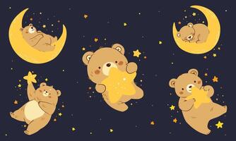 Set of flat illustrations in children's style. Cute bears sleeping on the moon and flying in space. Space and stars vector