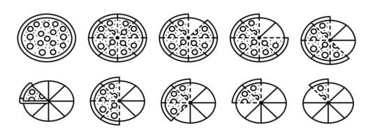 Pizza slice circle segmentation outline icon set. Piece of pizza pie portion division illustration. Half of pizza section line pictogram collection. vector