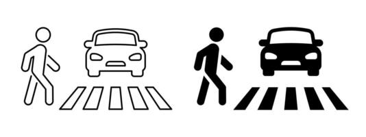 Pedestrian crosswalk with car traffic sign. Man crossing a road with standing automobile illustration. Crosswalk roadsign. Person walking cross the road symbol. Pedestrian safety icon. vector