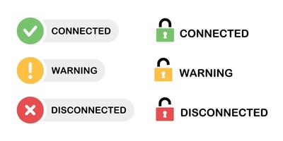 Connected label. Disconnected symbol. Network connection status illustration collection. Disconnect button. Website connection warning interface element. Checkmark and lock pictogram. vector