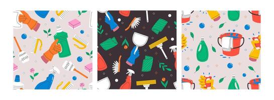 Seamless pattern set with cleaning elements. Hand drawn pattern with detergent, bucket of water, hand with cleaning supplies. illustration. vector