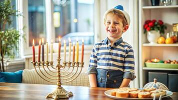 Happy little boy celebrating Hanukkah with menorah at home photo