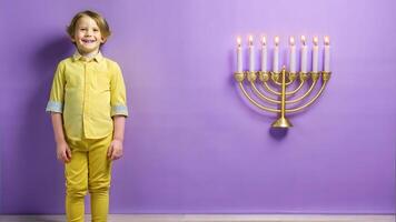 Portrait of a smiling little boy with a Hanukkah menorah photo