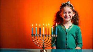 Happy child girl with Hanukkah menorah on orange background photo