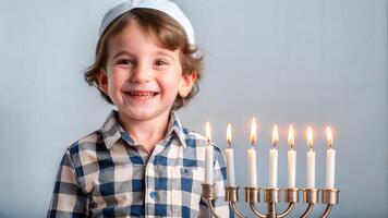 Portrait of a little boy with a Hanukkah menorah and candles photo