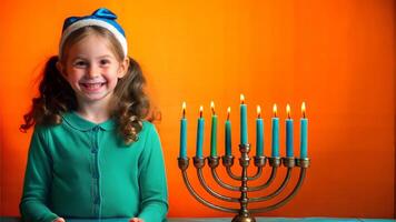 Girl with Hanukkah candelabra on orange background photo