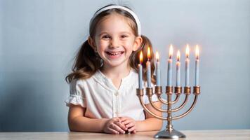 Portrait of a smiling little girl with Hanukkah candles photo