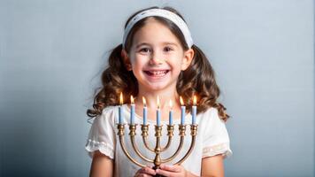 Portrait of a smiling little girl with a Hanukkah menorah photo