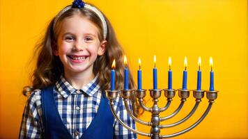 Portrait of a smiling little girl with Hanukkah candles photo