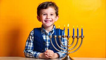 Smiling boy with Hanukkah menorah on yellow background photo