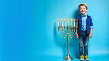 A boy in a Hanukkah costume with a menorah on a blue background photo