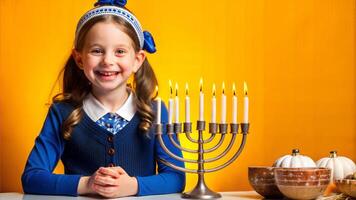 Happy girl celebrating Hanukkah with menorah on yellow background photo