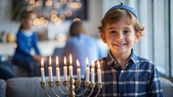 Portrait of smiling boy holding candles during Hanukkah at home photo