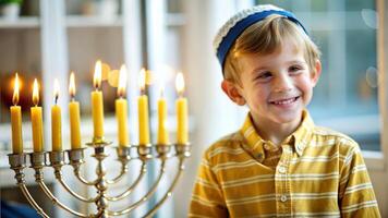 Portrait of smiling boy with Hanukkah candelabra photo