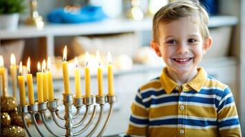 Portrait of smiling little boy with candlestick during Hanukkah celebration photo