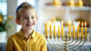 Portrait of cute little boy with candelabrum during Hanukkah celebration photo