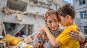 Mother and son hugging each other on the background of the destroyed building photo