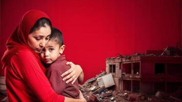 Mother and son in the rubble of a destroyed house. The concept of family problems. photo