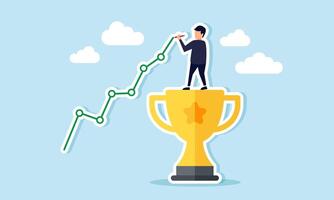 A businessman standing on a trophy, charting an upward trend in his business, illustration concept of Correlation between business growth and development with achievements attained vector