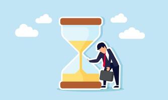 A pessimistic businessman slumped over holding an hourglass, Illustration concept of Pessimistic about completing the project on time or finishing work promptly vector