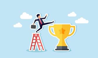 A businessman with a briefcase jumping from a ladder to a trophy, Illustration concept of Effort to achieve awards or standardize a business or company vector