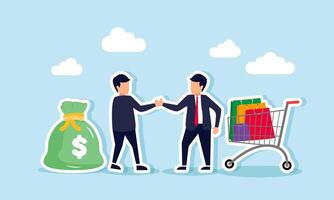 A businessman and partner shaking hands with a money bag and shopping basket beside them, illustration concept of An agreement to exchange projects benefiting both parties vector