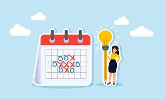 A businesswoman holding a pencil with a light, standing next to a schedule, Illustration concept of Productivity in planning and scheduling all upcoming events vector