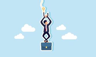 A businessman hanging from a rope hook, securing his briefcase with his feet, Illustration concept of Securing a job at risk of termination, balancing on the edge of uncertainty vector