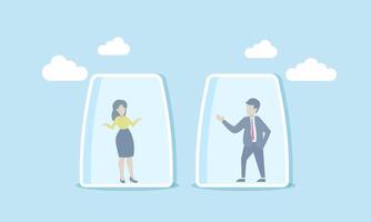 Business partners restricted in their movements, trapped in a glass container, Illustration concept of Constraints on a business person's collaboration due to external limitations vector