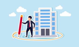 A businessman drawing a circle around himself and a building, illustration of Providing limits or protection for himself and his business assets vector