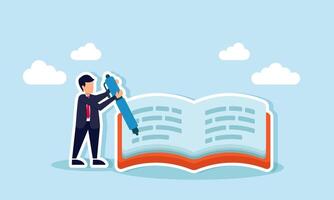 A businessman writing notes in a notebook with a pen, Illustration concept of Drafting an annual report as a reference for future business evaluations vector