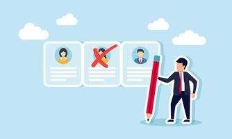 A businessman Reviewing employee profiles while holding a pencil, Illustration concept of Screening several employee profiles for job applications vector