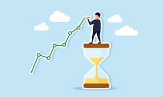 A businessman standing on an hourglass is drawing an upward trending graph, illustration concept of The correlation between business growth and development over time with consistent effort vector
