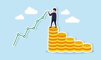A businessman standing on a stack of coin charts is drawing a graph with an upward trend, illustration concept of Correlation between business growth and development with increasing profit vector