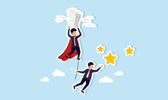 A businessman hanging in the sky, pulling on a rope tied to a super businessman with heavy paperwork, reaching for a star, Illustration Concept of Effort to gain awards or ratings hardworking vector