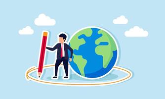A businessman drawing a circle around himself and the Earth, illustration of Providing protection for himself and his life from negative disturbances vector