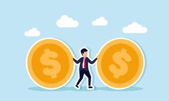 A businessman holding back two large coins rolling towards him, Illustration concept of Effort to resist temptations of bribery or corruption from all directions vector