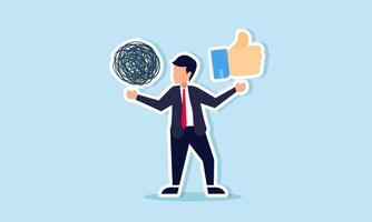 A businessman choosing between chaos and confusion or a thumbs up emoji, Illustration concept of Choosing between doing the right job for recognition or a confusing task vector