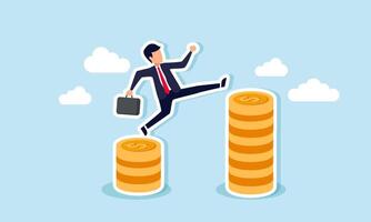 A businessman jumping from a low coin stack to a higher one, Illustration concept of Efforts to boost or increase a business profit vector