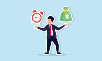 A businessman deciding between a sack of money or a time alarm, Illustration concept of Choosing between accumulating profit or having quality time vector