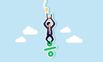 A businessman hanging from a rope hook, securing his percentage with his feet, Illustration concept of Safeguarding a share of company profits or securing dividends from held stock vector