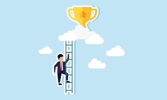 A businessman climbing stairs towards a trophy in the clouds, illustration of Progress of a businessman or employee to hit targets and earn rewards for company growth vector