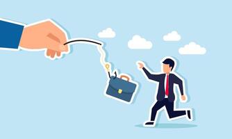 An employee chasing a baited hook with a briefcase, Illustration concept of An entrepreneur racing to secure a desired job or apply for a position vector