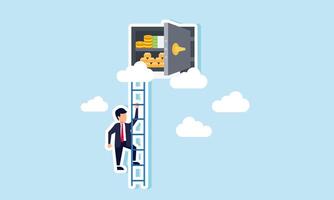 A businessman climbing stairs to a safe of money and gold in the clouds, illustration of The progress and methods a businessman uses to gather as many assets as possible vector