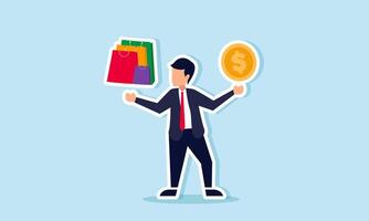 A businessman choosing between a coin or a shopping bag, Illustration conecpt of Choosing between investing or spending money vector