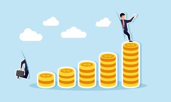 A businessman stepping through a magic corridor to reach the highest coin, Illustration concept of Achieving company profit targets quickly or instant wealth success vector