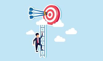 A businessman climbing a ladder toward a target board high above the clouds, illustration of A businessman progress toward achieving agreed upon and scheduled targets vector